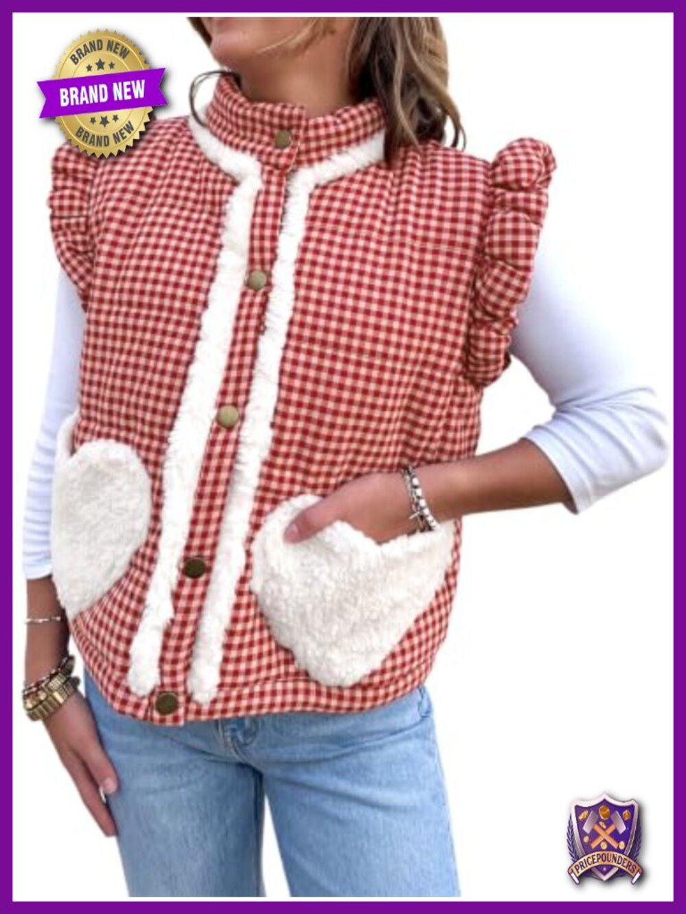 Plaid Puffer Vest Ruffle Sleeve Color Block Padded Gilet Sleeveless